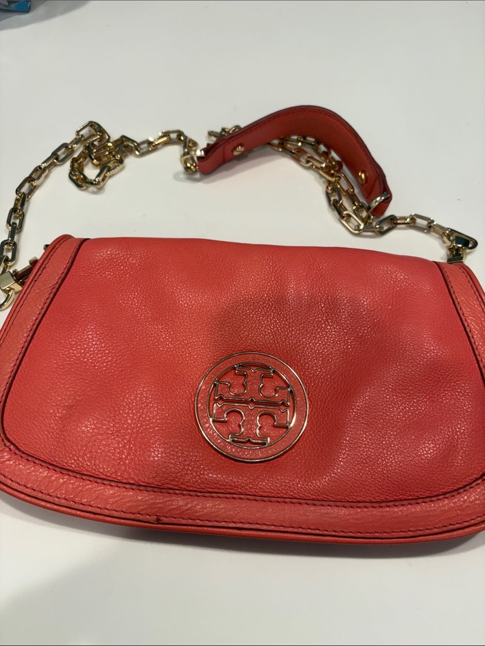 Tory Burch Coral Red Leather Chain Crossbody Bag